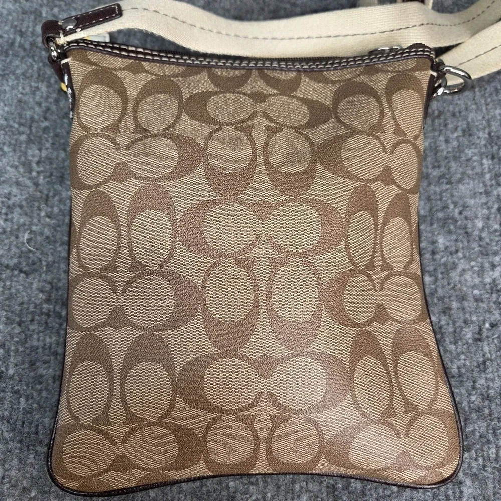 Coach Heritage Stripe Crossbody Signature Khaki Cream Brown Patent Leather Trim